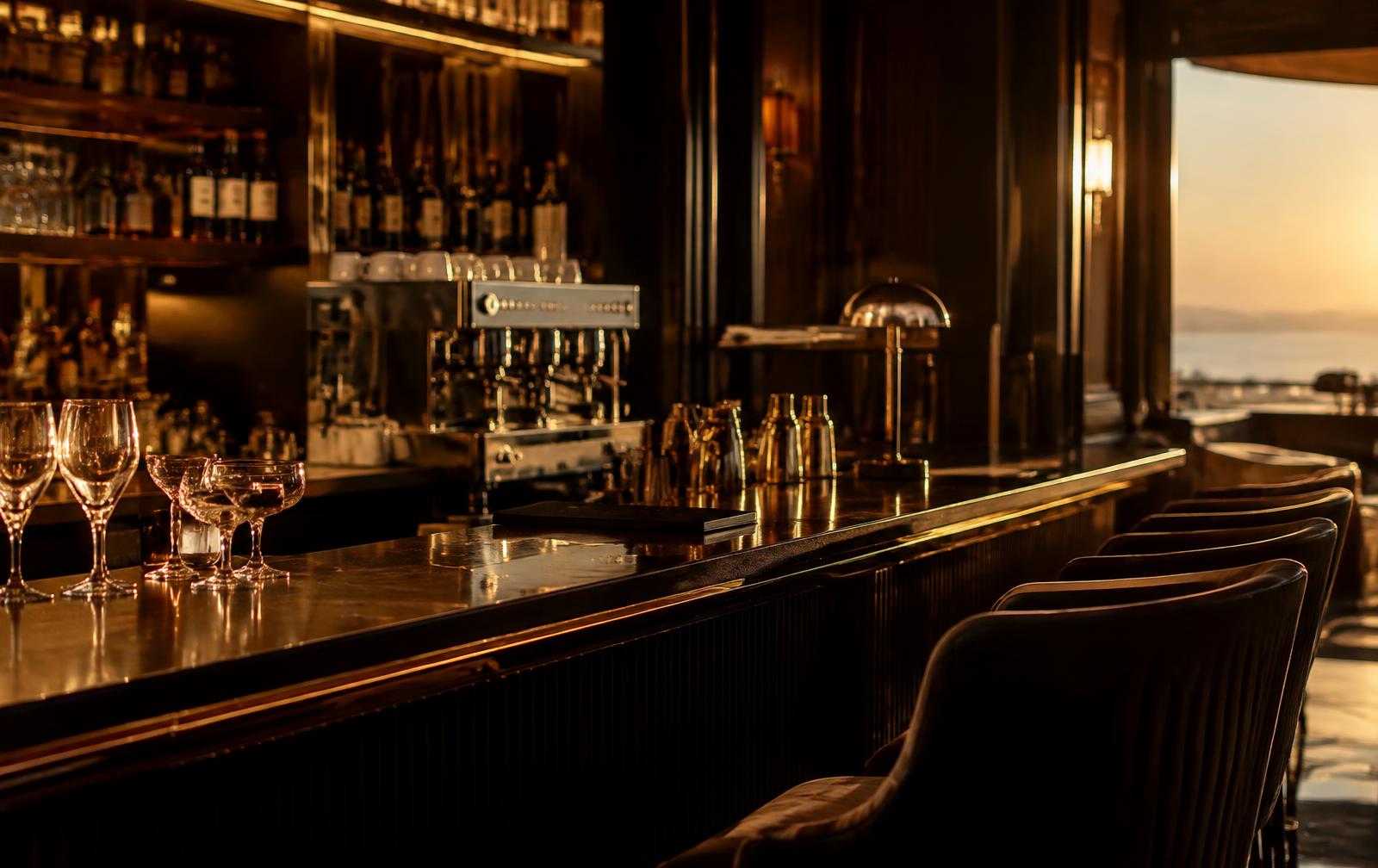 Bar με μηχανή εσπρέσο στο ηλιοβασίλεμα